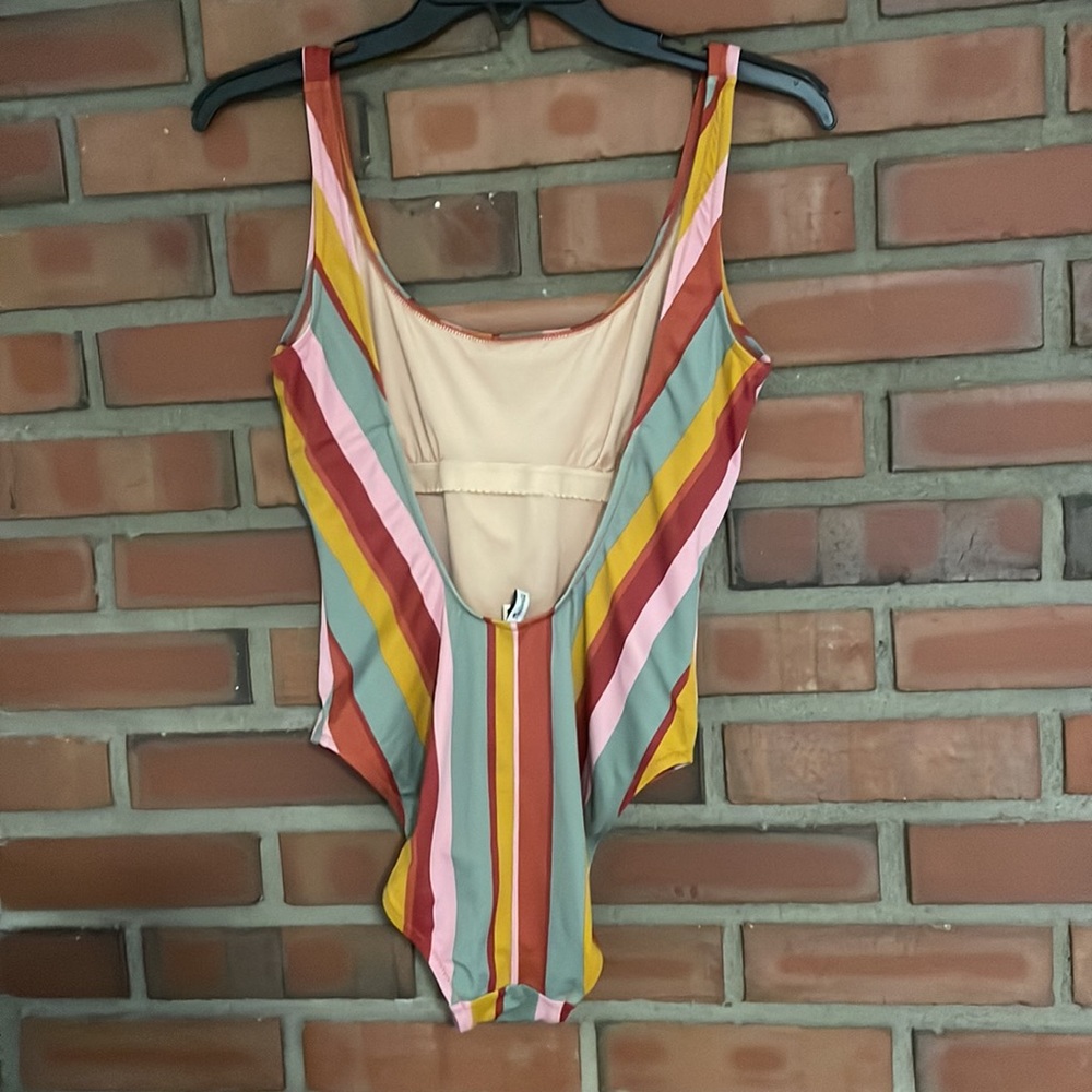 Madewell striped hicut bathing suit small orange teal muted tones one piece - Picture 8 of 11